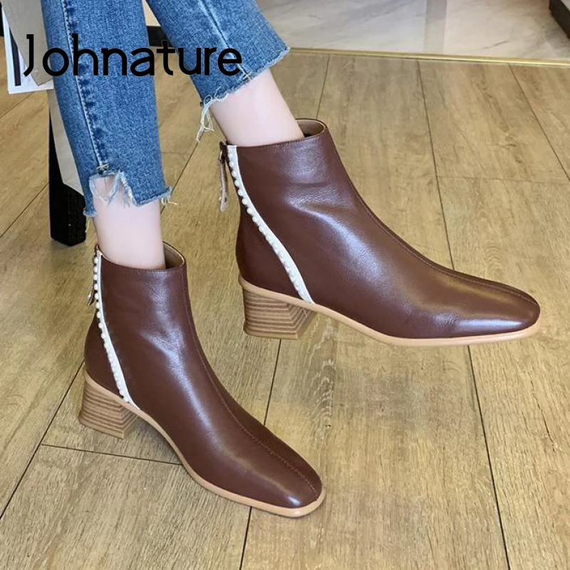 

Johnature Genuine Leather Women Boots Ladies Shoes Zip Sewing 2022 New Handmade Concise Square Toe Leisure Ankle Platform Boots