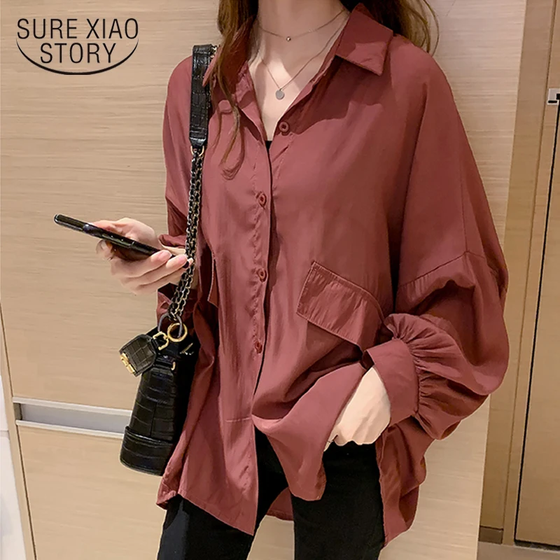 

Lantern Sleeve Loose White Blouse Shirts New Spring Plus Size Long Shirt Women Casual Tops Office Lady Solid Blouses Tops 12675