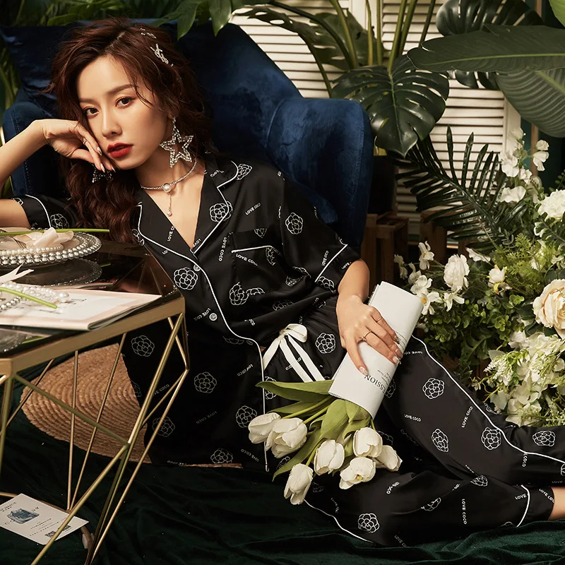 

2021 spring and summer new women sleepwear female summer imitation silk printing comfortable two-piece suit women sleepwear