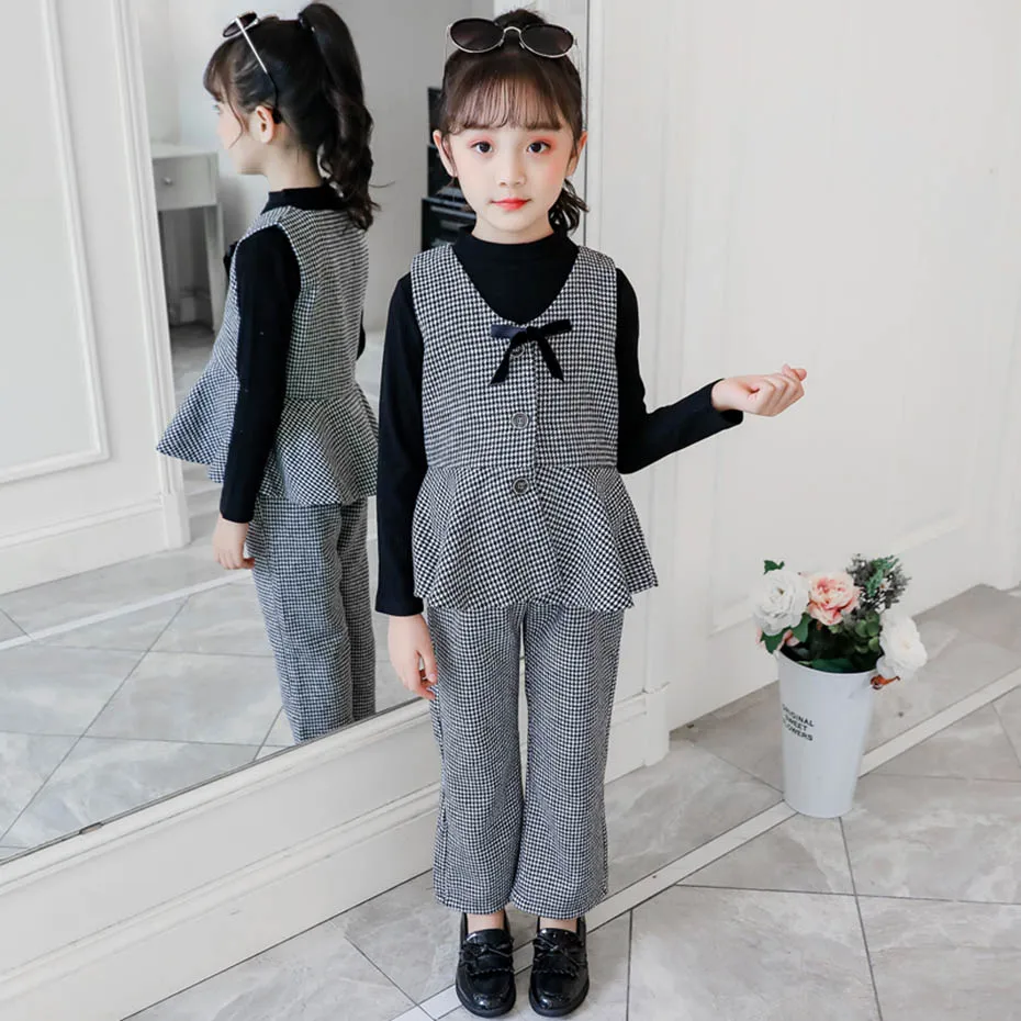 Детская одежда в клетку для девочек жилет + футболка штаны наряд весна-осень