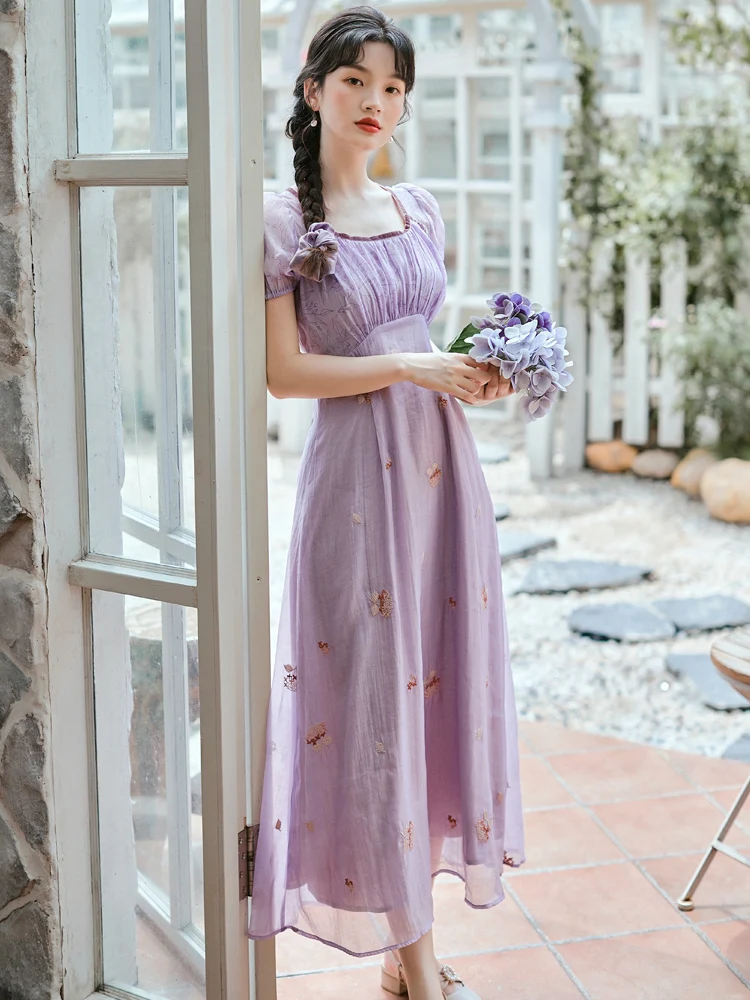 

Make spot dreamy purple printing spell embroidery French vintage dress new pricing