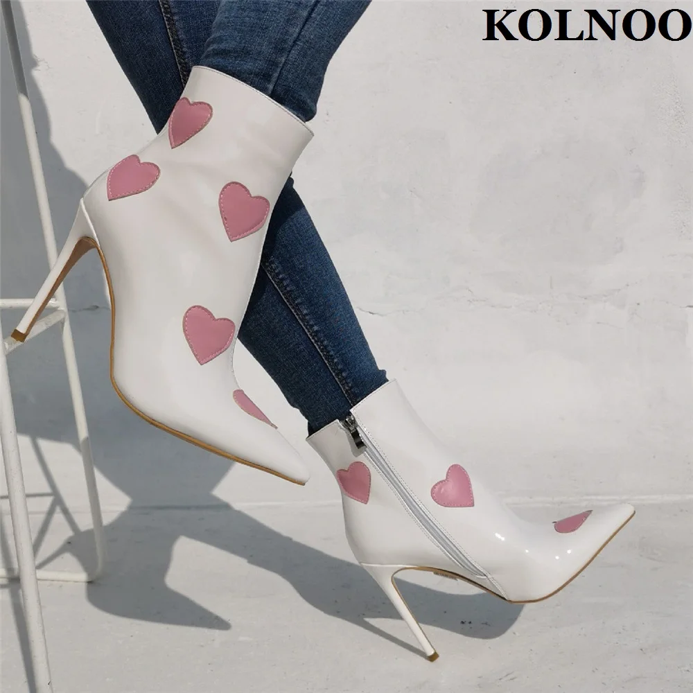 

Kolnoo New Style Handmade Ladies Stiletto Heeled Boots Real Pictures Heart-Shaped Pointy Xmas Party Ankle Boots Fashion Shoes