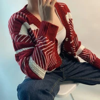 autumn women casual button down loose sweater coat long sleeve cropped top v neck cable knit striped cardigans retro streetwear