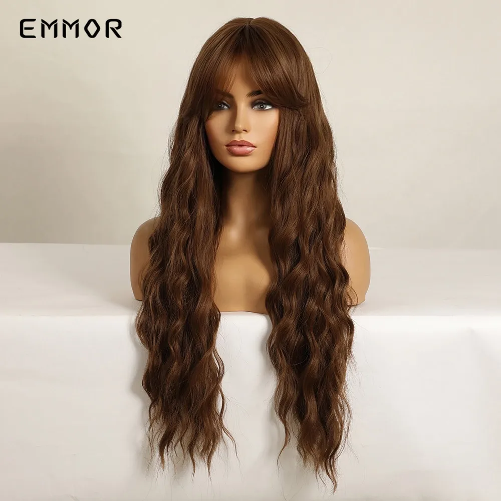 Emmor Синтетические длинные коричневые женские парики с челкой водостойкие