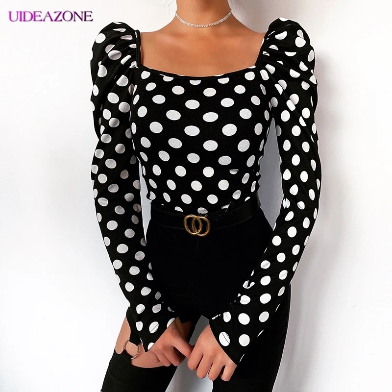 Женские блузки в белый горошек с воротником Suqare облегающие рубашки длинными