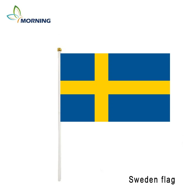 

Morning 10pcs custom SWEDEN national flag hand shaking flag with pole