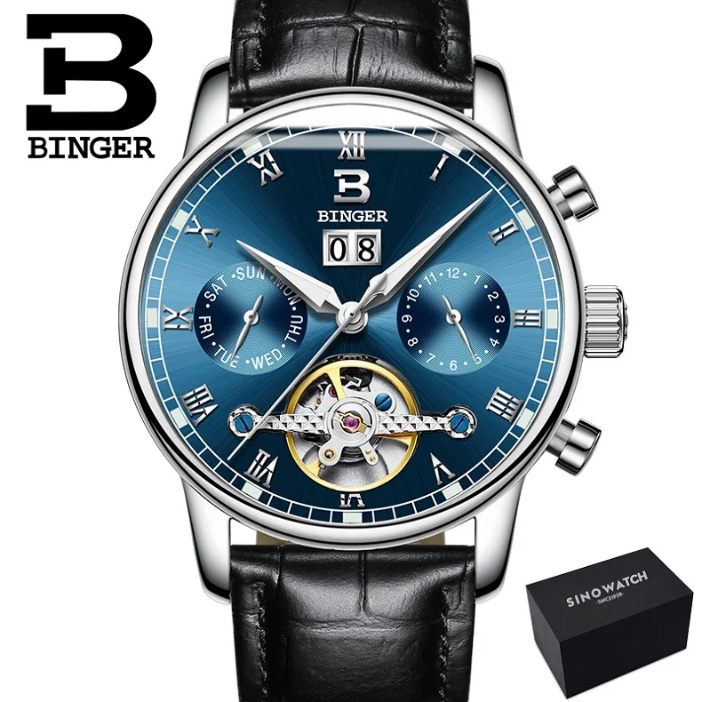 leather black Sblue Двойной турбийон, швейцарские часы Бингер, оригинальные мужские автоматические часы, модные мужские механические наручные часы с кожаным ремешком - Цвет: leather black Sblue