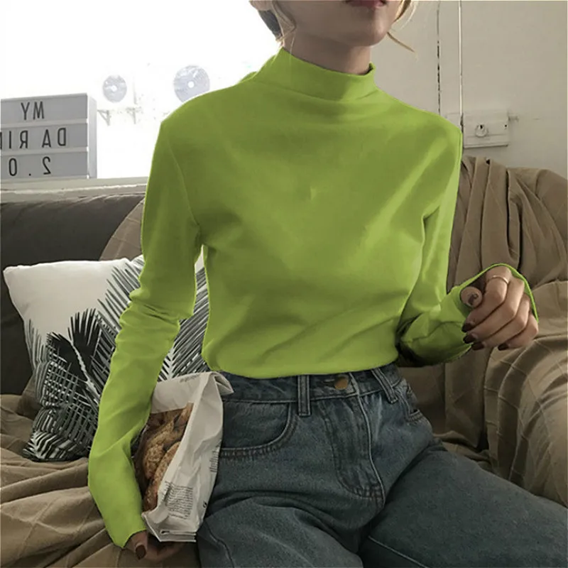 Tee Women Female Solid O-Neck Long Sleeve Leisure T-shirt for Lady Ins New Slim 8 Color Basic Spring Top Korean All-match | Женская