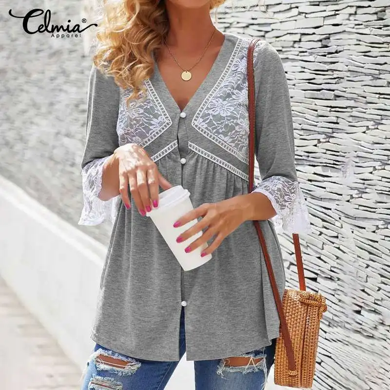 Блузка Celmia женская с расклешенным рукавом модная повседневная кружевная рубашка