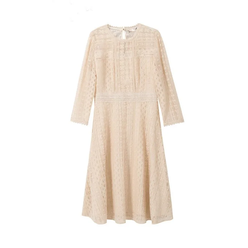 

High Quality Womens New Fashion Lace Hollow Out A-Line Dresses Half Sleeve O-Neck High Waist Slim Fit Knee Length Ladies Dresses