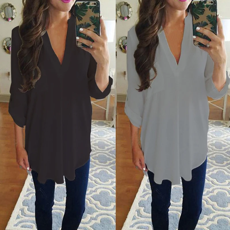 Женская шифоновая блузка с длинным рукавом и v образным вырезом Туника топа