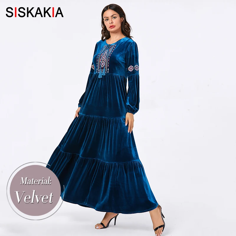 Blue dress Бархатное Свободное длинное платье с этнической вышивкой, мусульманские платья с длинным рукавом, осень, арабское платье темно-синего цвета размера плюс - Цвет: Blue dress