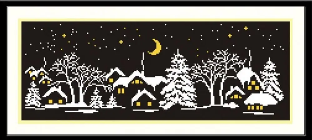 Город зимой схема. Вышивка крестом монохром зимний пейзаж. Новогодняя вышивка на темной канве. Новогодняя вышивка крестом на черной канве. Зимняя аппликация на темном фоне.