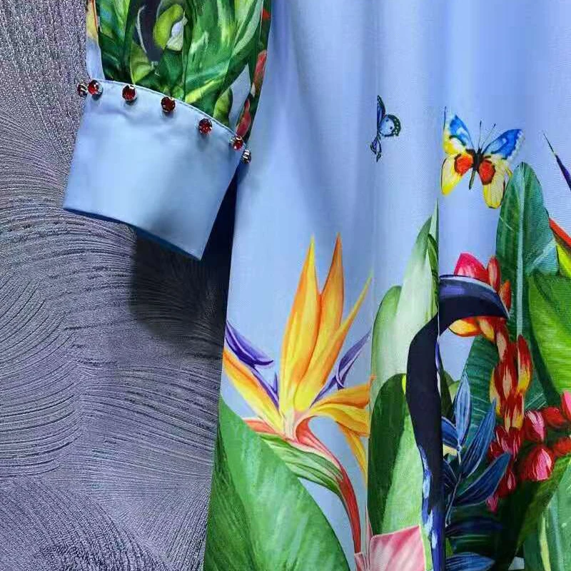 

SEQINYY Blue Dress Knee Summer Spring New Fashion Design Women Runway High Quality Flowers Print Pleated Causal