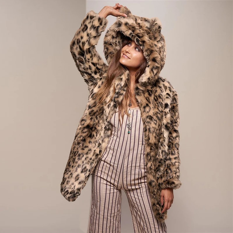 

Faux Hooded Warm leopard print Jacket Solid Color Women Fashion Long Sleeve Cute Hat Outerwear Winter Coat Women