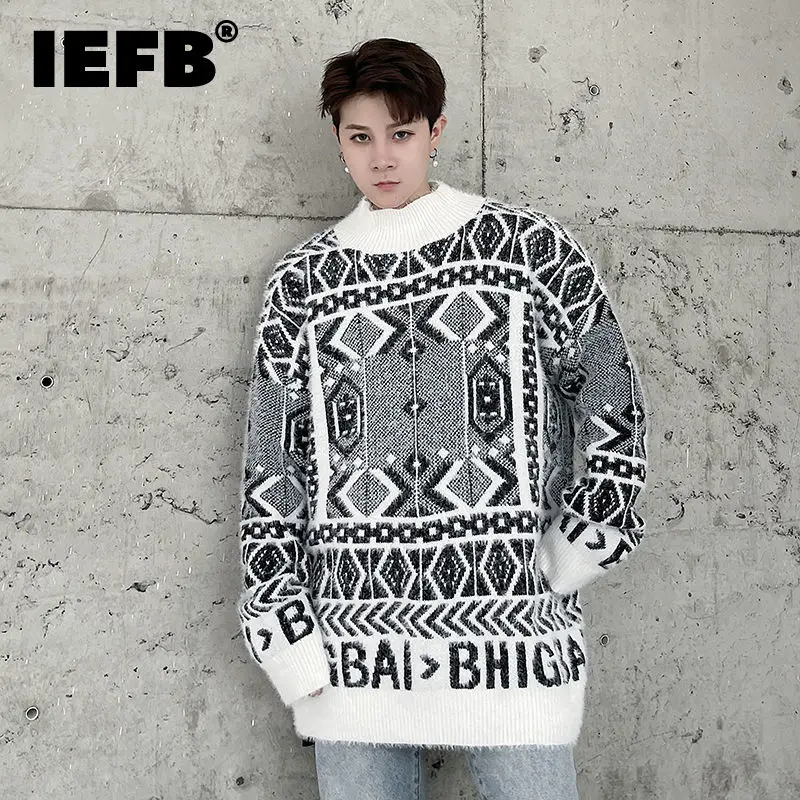 

Мужской Жаккардовый свитер IEFB, с геометрическим рисунком, уличная мода, Осень-зима 2021, новый тренд, Свободный пуловер с открытыми плечами, вя...