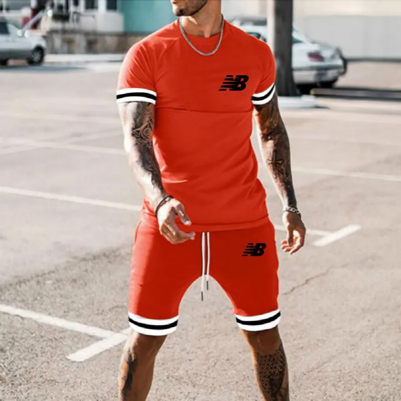 

2021 Summer Fashion Men's Short Sleeve T-shirt + Sports Shorts 2-piece Men's Sports Suit Breathable Men's Casual Suit