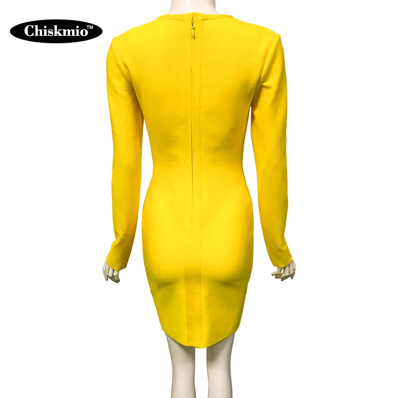 

Metal Chain Sexy Deep V-neck Slim Pencil Dress Nightclub Party Yellow Long Sleeve Mini Pencil Dresses Women Robes Vestidos