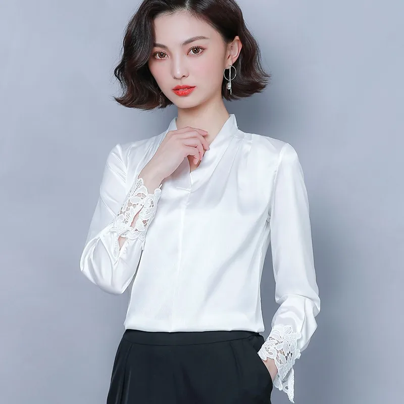 Корейская мода шелковые женские блузки атласные кружева с длинным рукавом белые