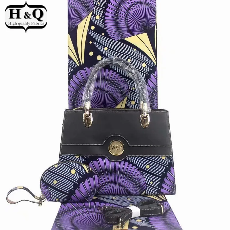

H&Q popular african wax bags three-piece high quality 6 yards/lot real print wax fabric match big handbag and small wallet H119