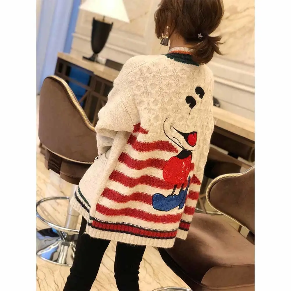 

Personality Printing Lazy Wind Sweater, Striped Sweater Cardigan Coat Women Autumn Spring 2021 New