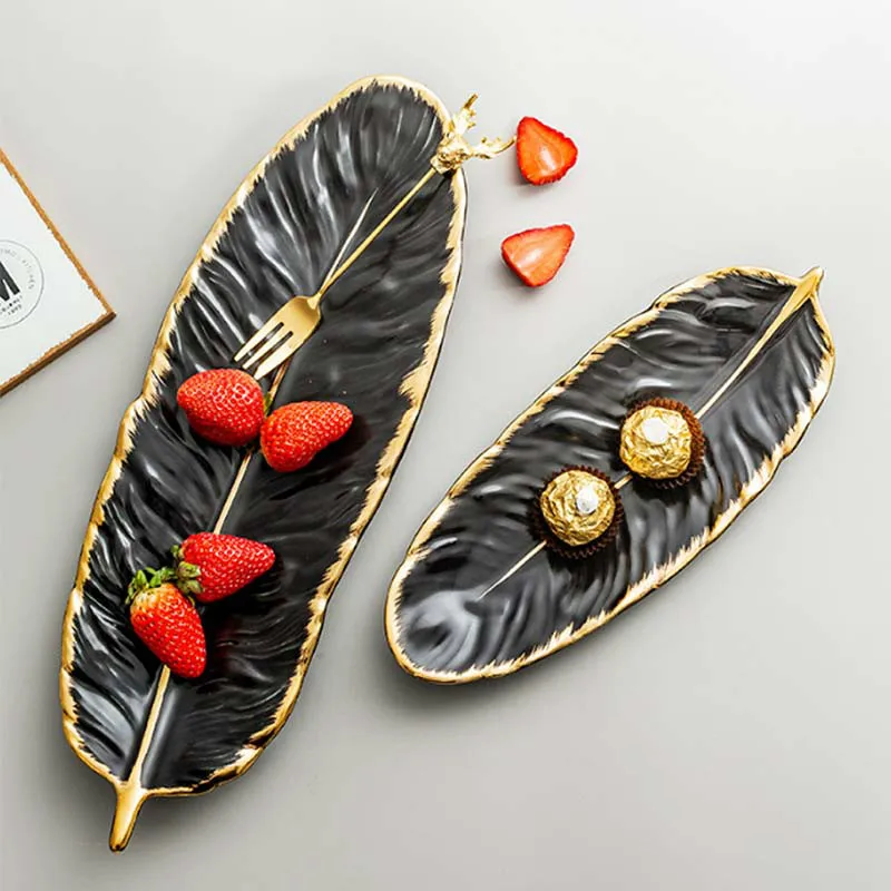 

Ceramic Platter Storage Tray Sushi plate Leaf feather Shape Candy Trinket Jewelry Fruit Serving Tableware