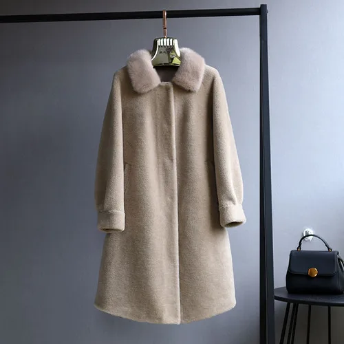 Beige OFTBUY длинная парка зимняя куртка Женское пальто из натурального меха тканая шерсть плюшевый флис медведь плюшевые норковые меховые Лоскутные уличные - Цвет: Beige