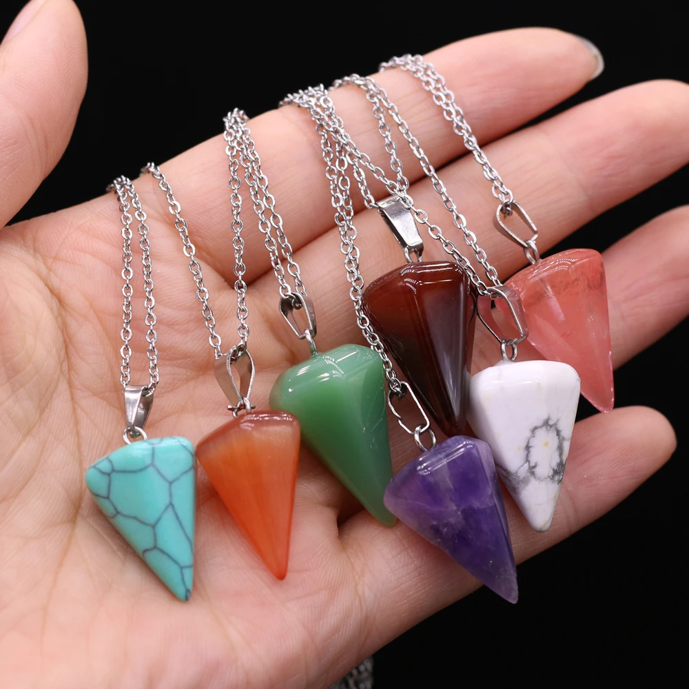 

Natural Semi-precious Stone Pendant Tiger Eye Stone Blue Turquoise Agate Polygon Cone 40+5cm for Jewelry Making Necklaces Gift
