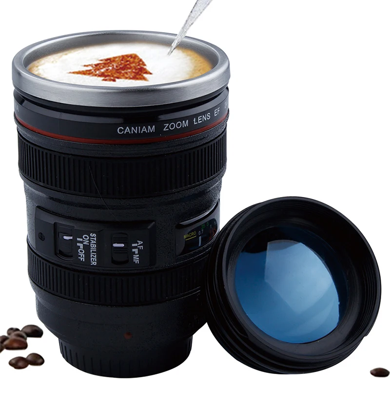 Camera Lens Travel Coffee Tea Cup Mug Creative Stainless Steel Brushed Liner Black Novelty Gifts Thermocup Thermo 24-105MM | Дом и сад