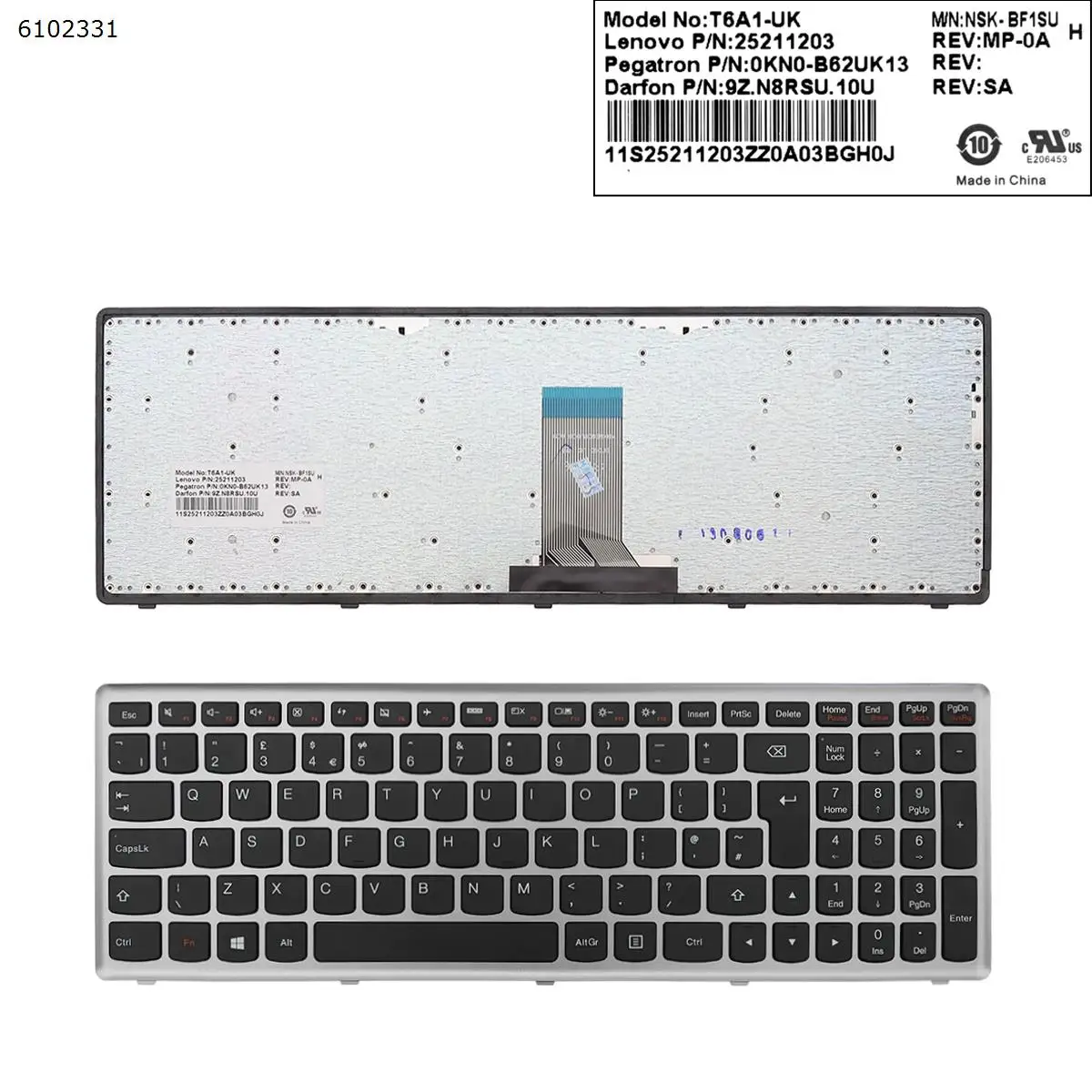 

UK New Keyboard for Lenovo Ideapad Z710 U510 Laptop Silver Frame NO Backlit 25205550 25211203 V-13652 0AK0-B62UK13 9Z.N8RSU.10U