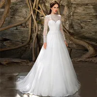 Modest Lace Long Sleeves A-Line Wedding Dresses Zipper Back Bridal Gowns Natural Waistline Vestidos De Mariee Spring Formal Robe