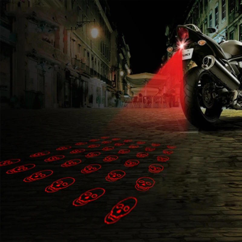 

HAUSNN Skull Pattern Anti Collision Rear-end Motorcycle Laser Tail Fog Light Brake Parking Lamp Rearing Light For Motorbike