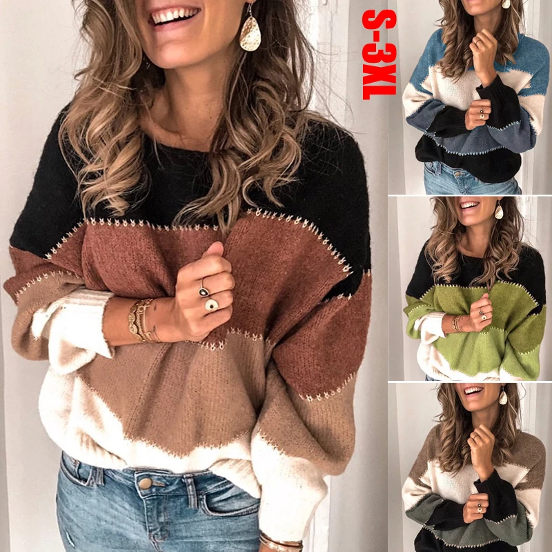 

Женский элегантный вязаный свитер в стиле пэчворк, новинка 2022, Осенний пуловер с длинным рукавом, топы, женский зимний Повседневный свободн...