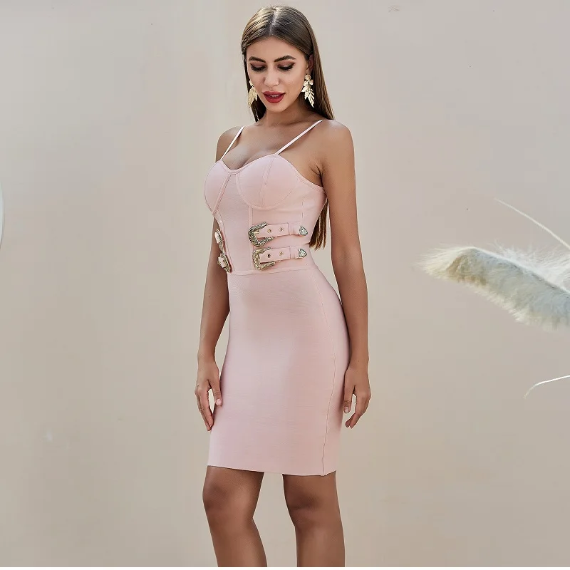 

Newest Pink Summer Sexy Spaghetti Strap Belt Metal Fashion 2020 Women Backless Elegant Good Quality Solid Celebrity Party Festa