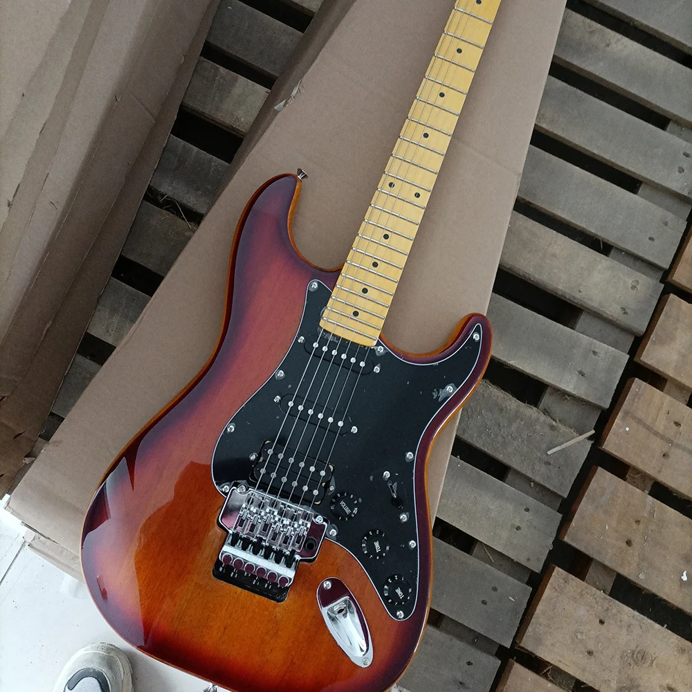 

Бесплатная доставка, 6 струн, коричневая электрическая гитара с тремоло, Кленовая подставка