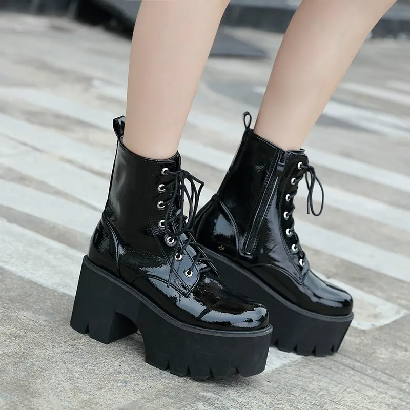 

Patent Leather Martin Boots Women Round Toe Black Punk Goth Boots Women Lace up Cross-tied Platform Motorcycle Boots