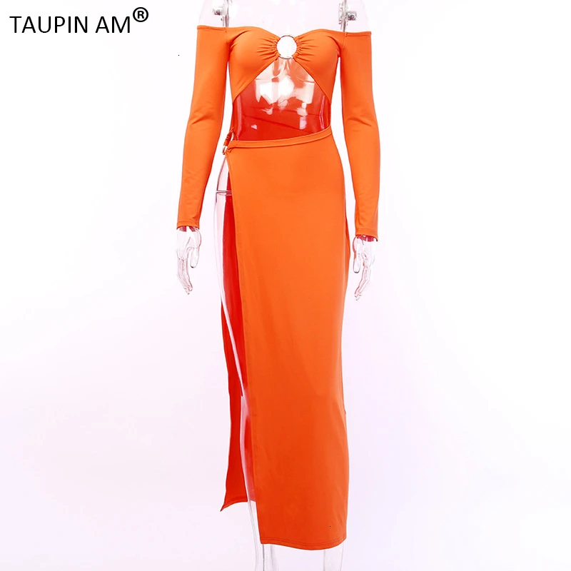 

Buckle Ring Side Split Long Dress Off Shoulder Long Sleeve Maxi Dress Sexy Hollow Out Bandage Club Dress Autumn 2019