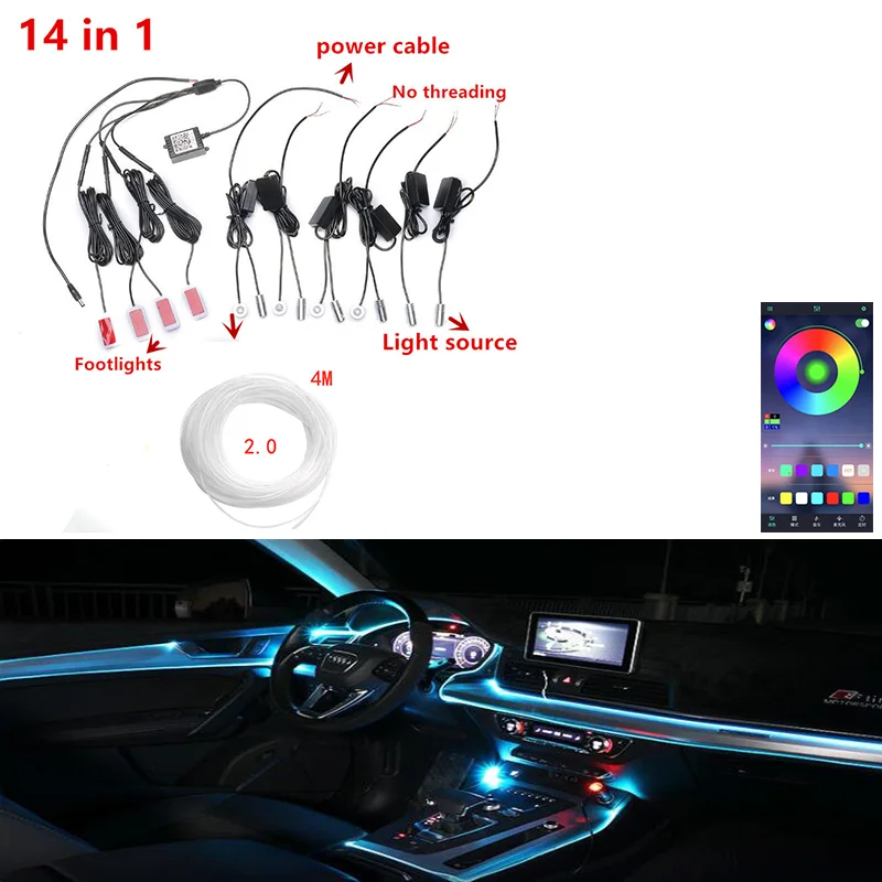 

Universal 14 in 1 RGB LED with 8M Car Interior Decor Fiber Optical Strip Light by App Control 12V Decorative Atmosphere Lamps