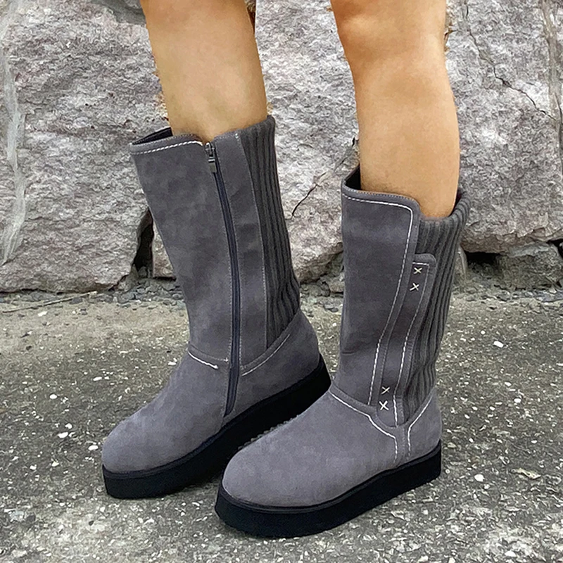 

Best Quality And Gift For Women Boots Winter Autumn Girls Flat Heel Boot Fashion Knitting Patchwork Shoes