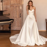 vintage satin mermaid wedding dress white detachable train floor length pleat bridal gown formal sleeveless vestido de novia