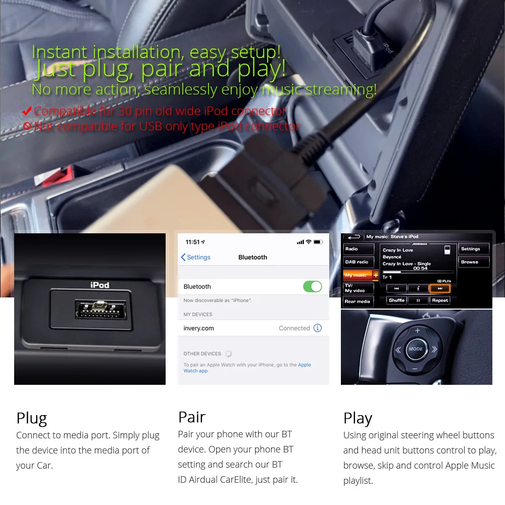 Bluetooth-compatible Car Kit for Range Rover Music Receiver Airdual Land 30 pin iPod Interface AUX Adapter Jaguar | Автомобили и