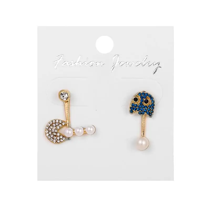 Серьги гвоздики в виде игры Pac Man модные золотистые серьги с голубыми кристаллами