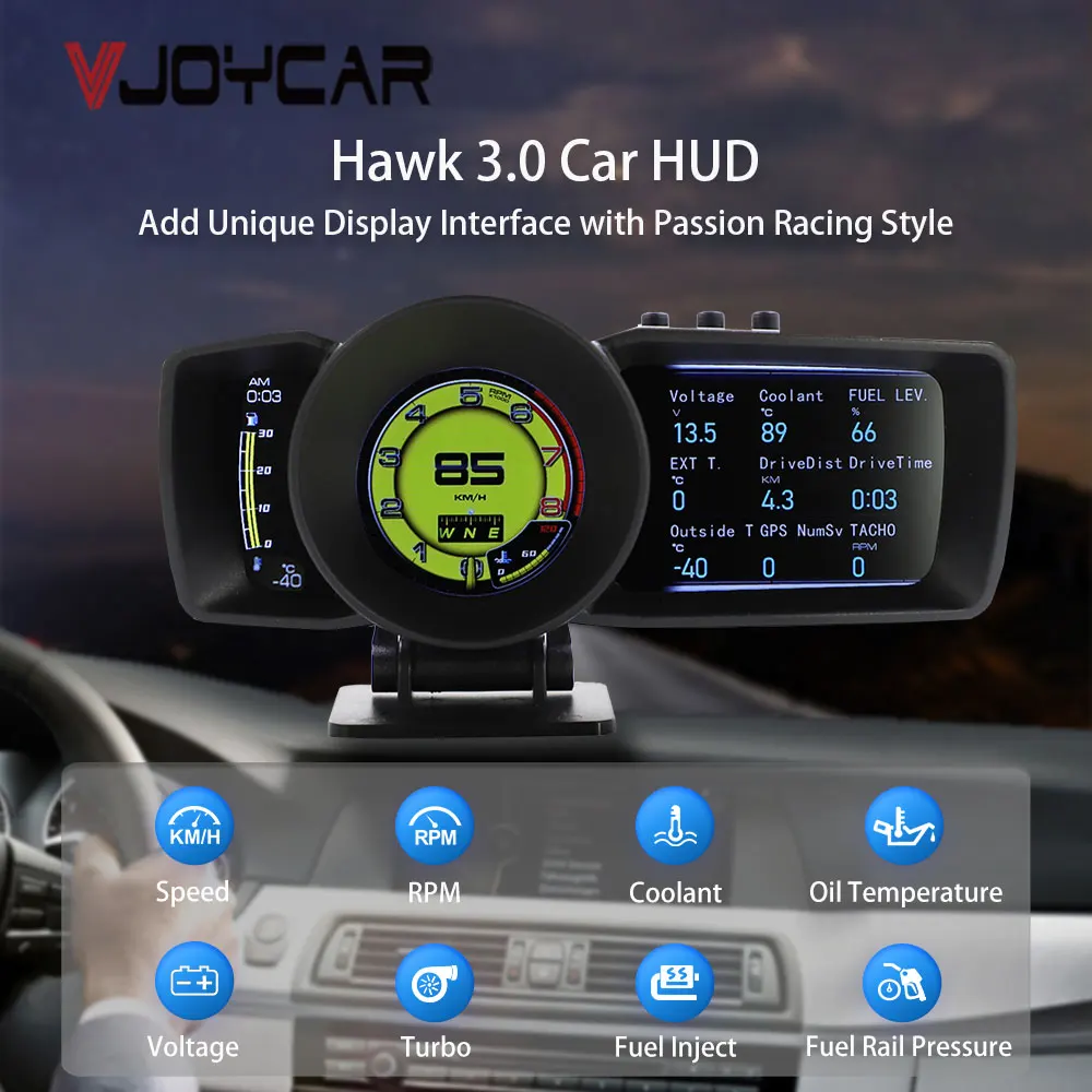 

Vjoycar 2021 New HUD Gauge Hawk 3.0 OBD2 Auto Scanner Car Meter Intake Air & Water Temp. Trip Computer GPS Digital Speedometer