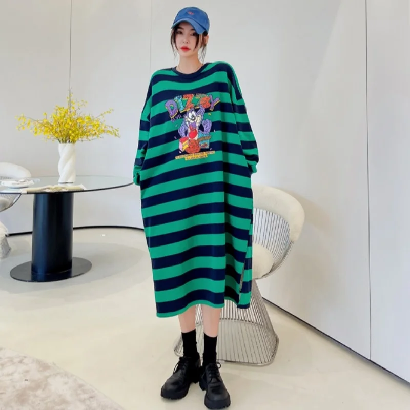 

Autumn New Cartoon Overknee Long Sweatshirt Skirt Printed Striped Mid-Length round Neck Loose Large Size Dress