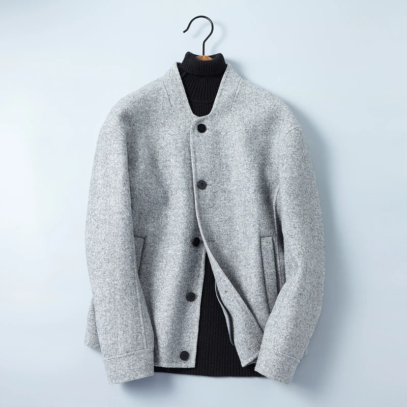 

Дизайнерская мужская повседневная куртка, 80% шерсть, двусторонняя шерстяная бейсбольная куртка, однотонная верхняя одежда, серое пальто, 1703