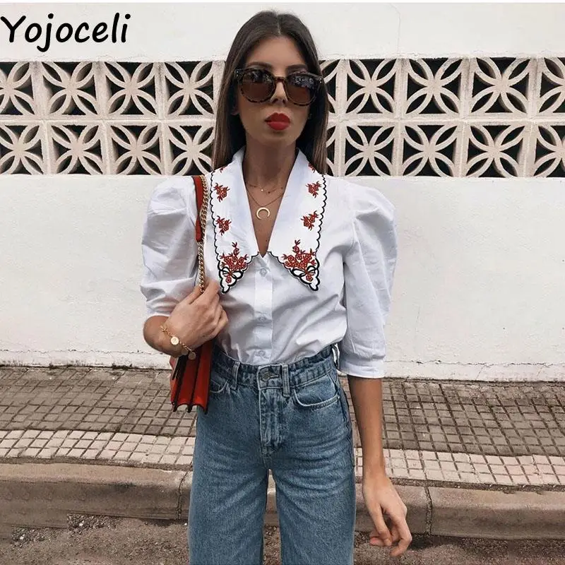 

Yojoceli Elegant embroidery women white cool blouse Casual autumn spring sweet blouse Sweet vintage cute blusas