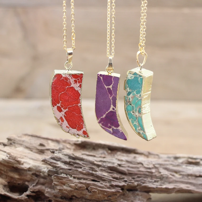 

Crescent Moon Shape Gold Bezel Inset Nugget Emperor Stone Pendant Gold Plated Chains Imperial Jaspers Necklace Jewelry,QC3134