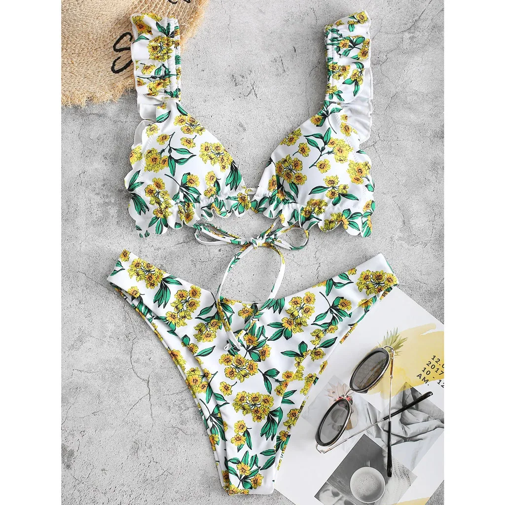 38 # Купальник женский летний сексуальный бандажный цветочный принт с рюшами