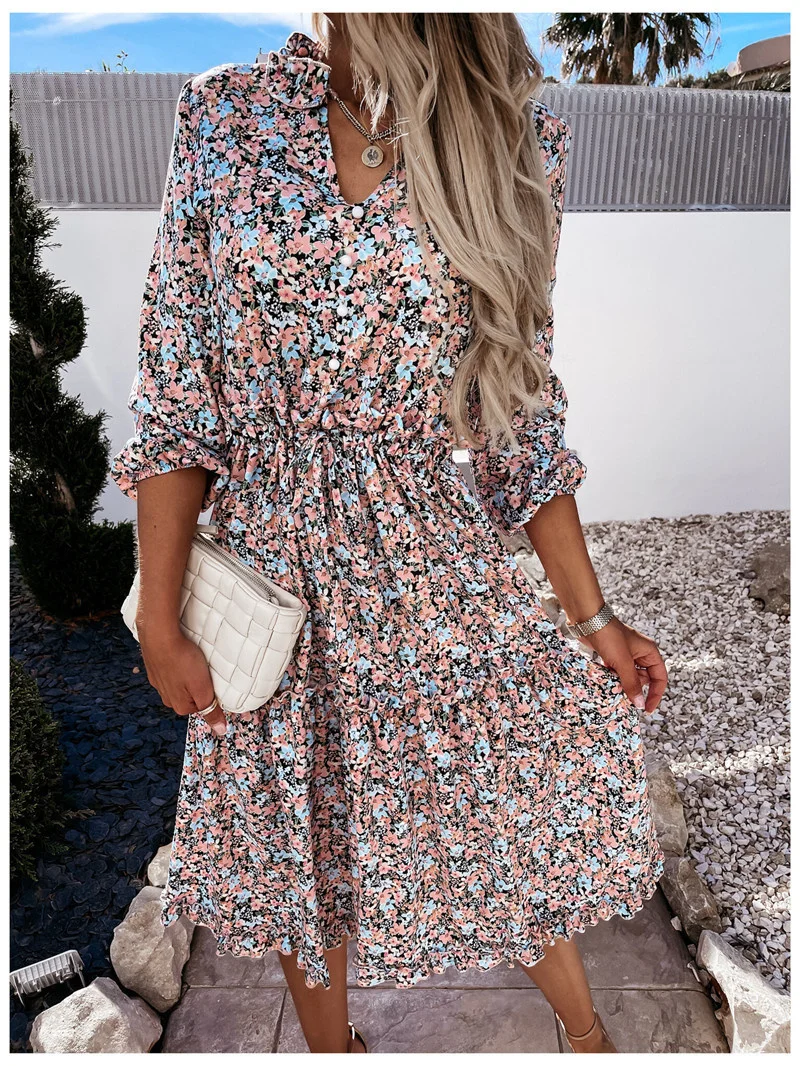 

Primavera De 2021 Nuevo Floral Imprimir Vestido De Las Mujeres De Manga Larga Con Cuello En V Con Volantes Mujeres Midi Vestido