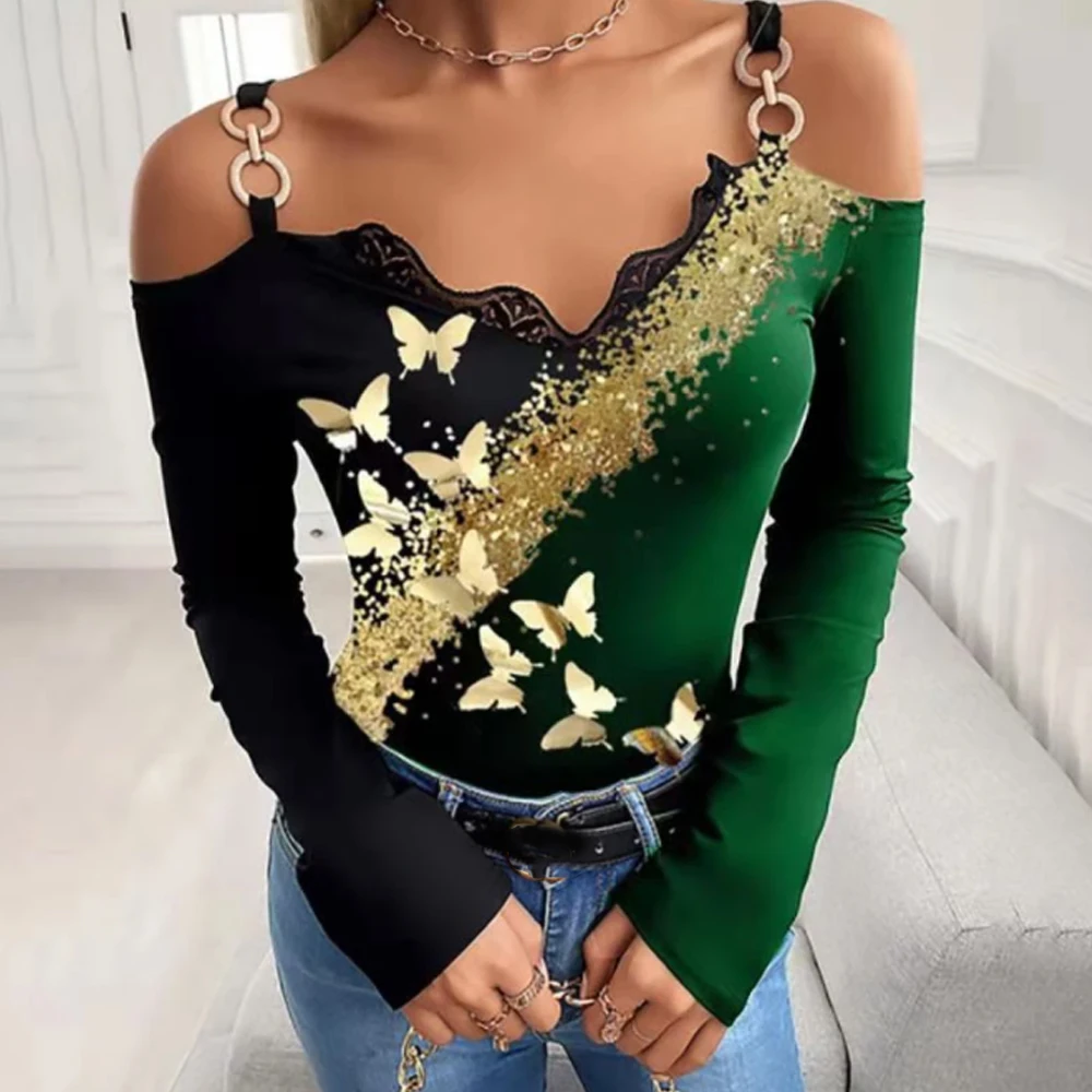 

Autumn Bronzing Butterfly Print Women T-Shirt Sexy Sling Lace Top Long Sleeve Lady Pullover Slim Off Shoulder Tee Streetwear